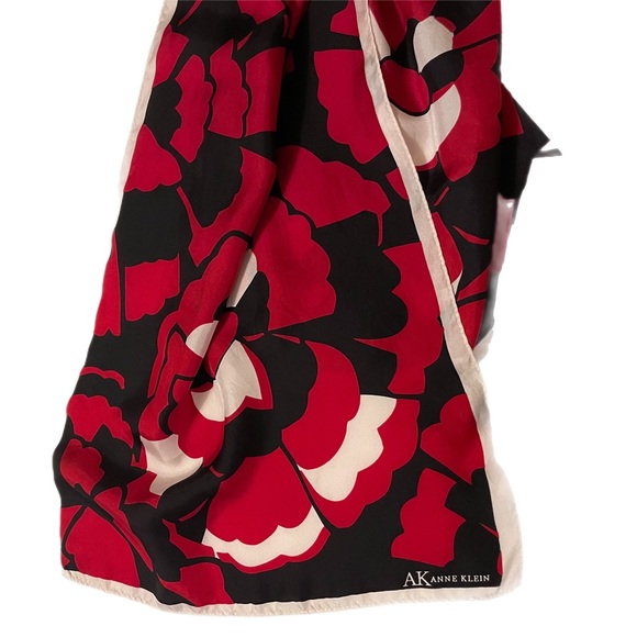 Anne Klein silk scarf in red and black floral. Oblong shape 14 by 60 inches. - Picture 5 of 6